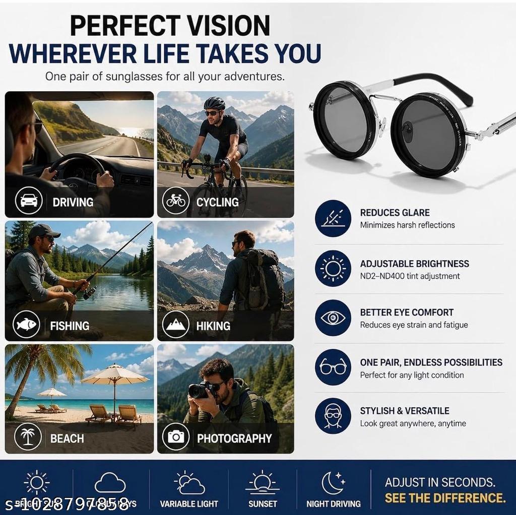 UV Vibe 1-9 Gears Adjustable Tint Sunglasses, Rounded Polarized Glasses with ND Filter Lenses,